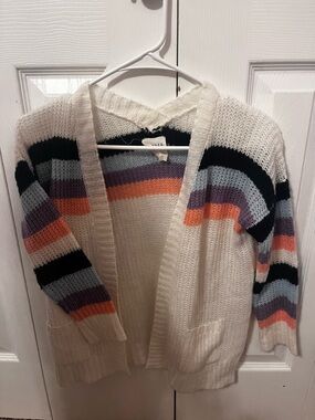Hayden Cream Open-Front Cardigan with Black, Gray, Purple and Orange Stripes